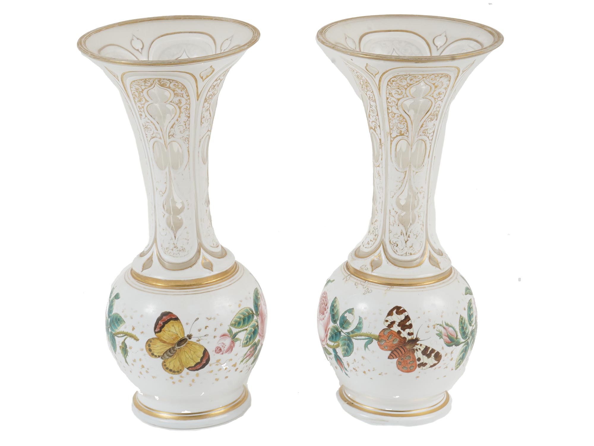 EUROPEAN BUTTERFLIES BOHEMIAN GLASS VASES A PAIR PIC-2